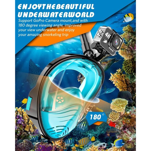 Full Face Snorkel Mask for Adults, Snorkeling Gear with Camera Mount, 180 Degree - Picture 5 of 8